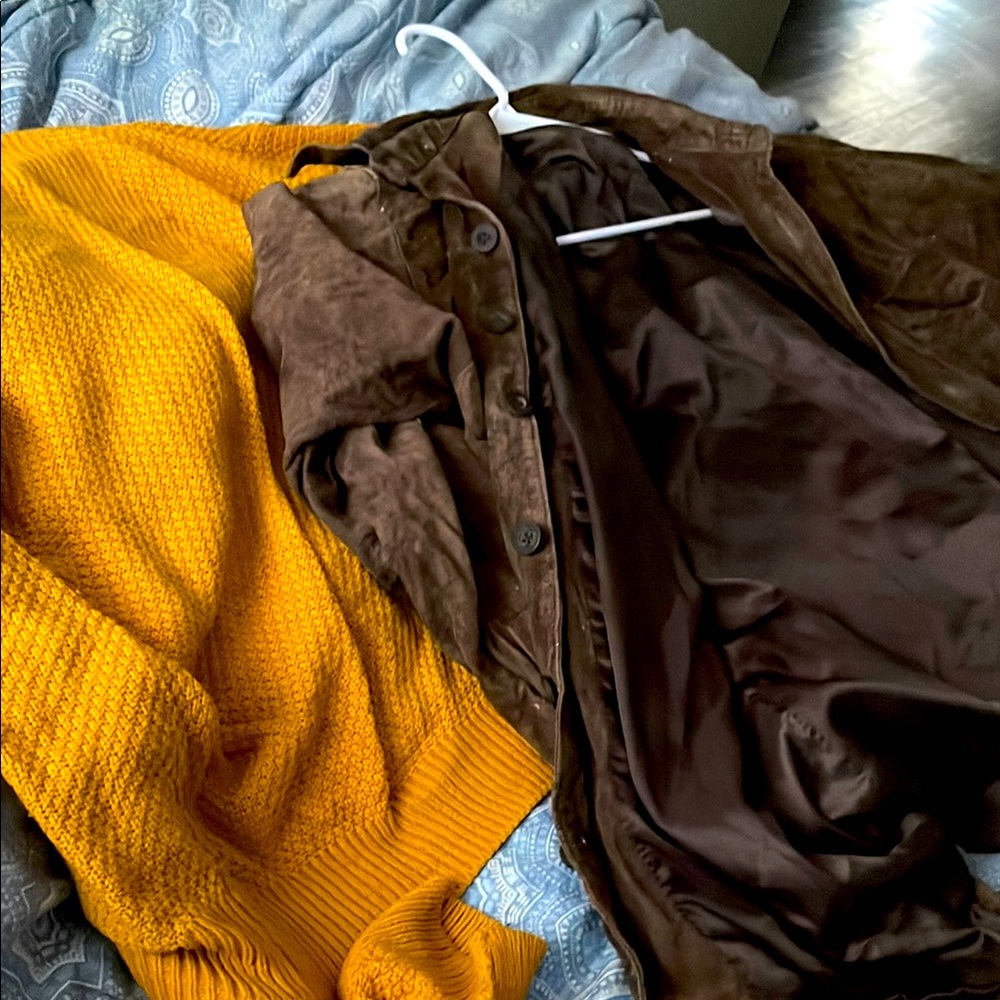 Brown Suede Jacket and Yellow Knit Sweater